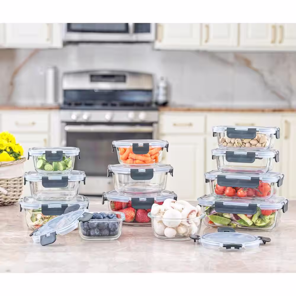 JoyJolt JoyFul 24-Piece Black Glass Storage Containers with Leakproof Lids Set
