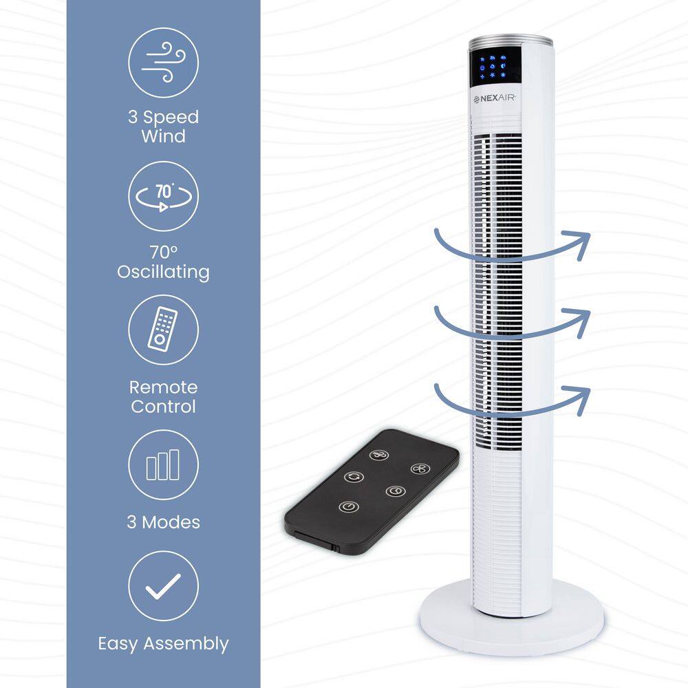The Plumber's Choice 5 in.  36 in. 3 Speed Oscillating Portable Tower Fan in White Remote Control, Quiet, 7 Hr Auto Off
