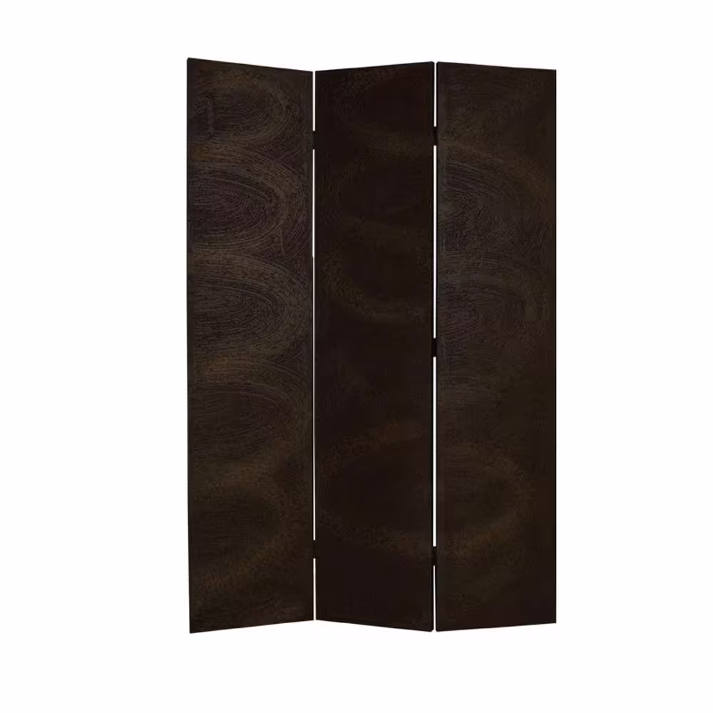 Benjara Dark Brown 3-Panel Foldable Canvas Room Divider with Swirl Details