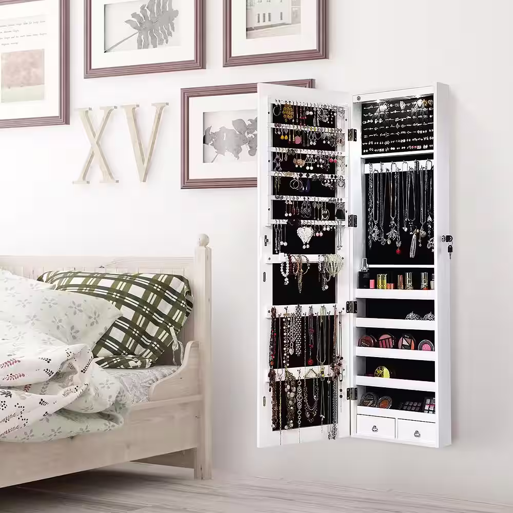Costway White MDF Board Mirrored Wall Jewelry Cabinet with LED Lights