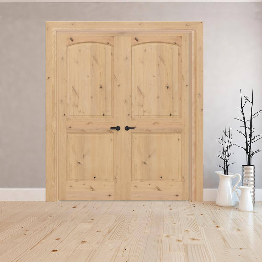 Steves & Sons 60 in. x 80 in. Universal 2-Pnl Round Top Unfinished Knotty Alder Wood Dbl Prehung Interior French Door w/ Bronze Hinges
