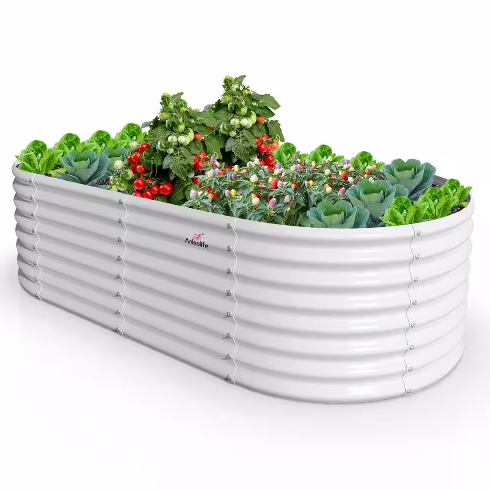 None Outdoor 6 ft. x 3 ft. x 2 ft. Oval Metal Raised Garden Bed in White For Vegetables and Flowers
