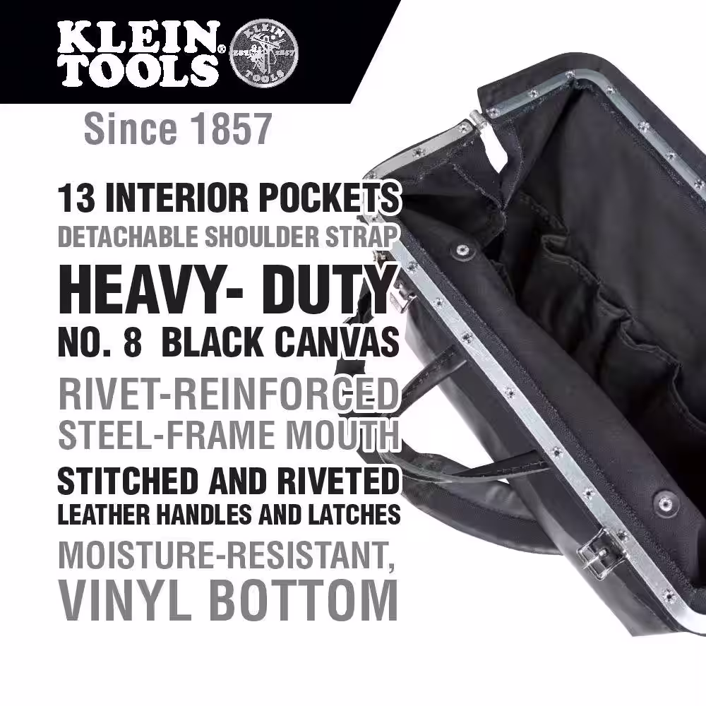 Klein Tools Deluxe Tool Bag, Black Canvas, 13 Pockets, 18-Inch