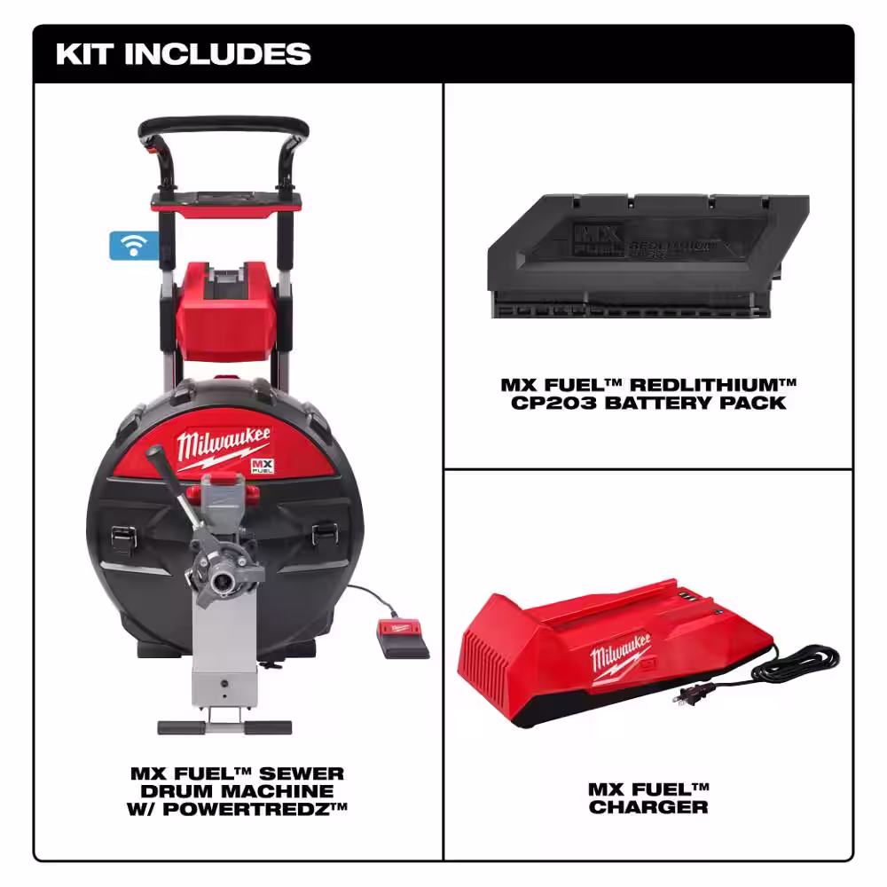 Milwaukee MX FUEL Lithium-Ion Cordless POWERTREDZ Sewer Drum Machine W/ (2) Lithium-Ion REDLITHIUM CP203 Batteries