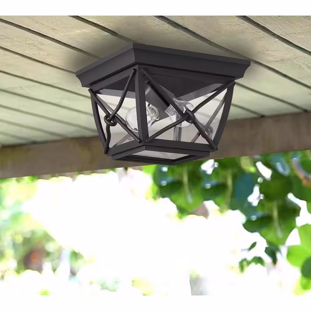 Designers Fountain Belmont 2-Light Black Outdoor Ceiling Flush Mount Light with Clear Glass Shade