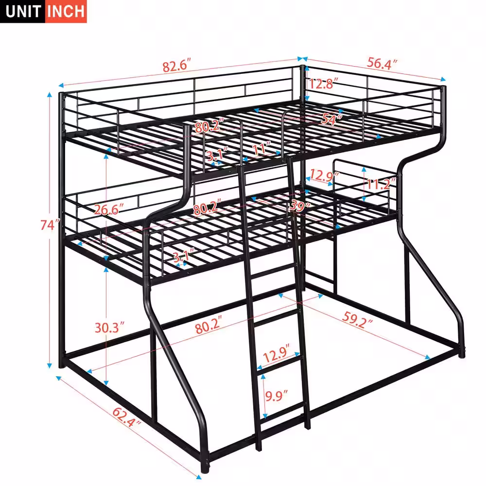 Harper & Bright Designs Black Full XL over Twin XL over Queen Size Metal Triple Bunk Bed with Ladder