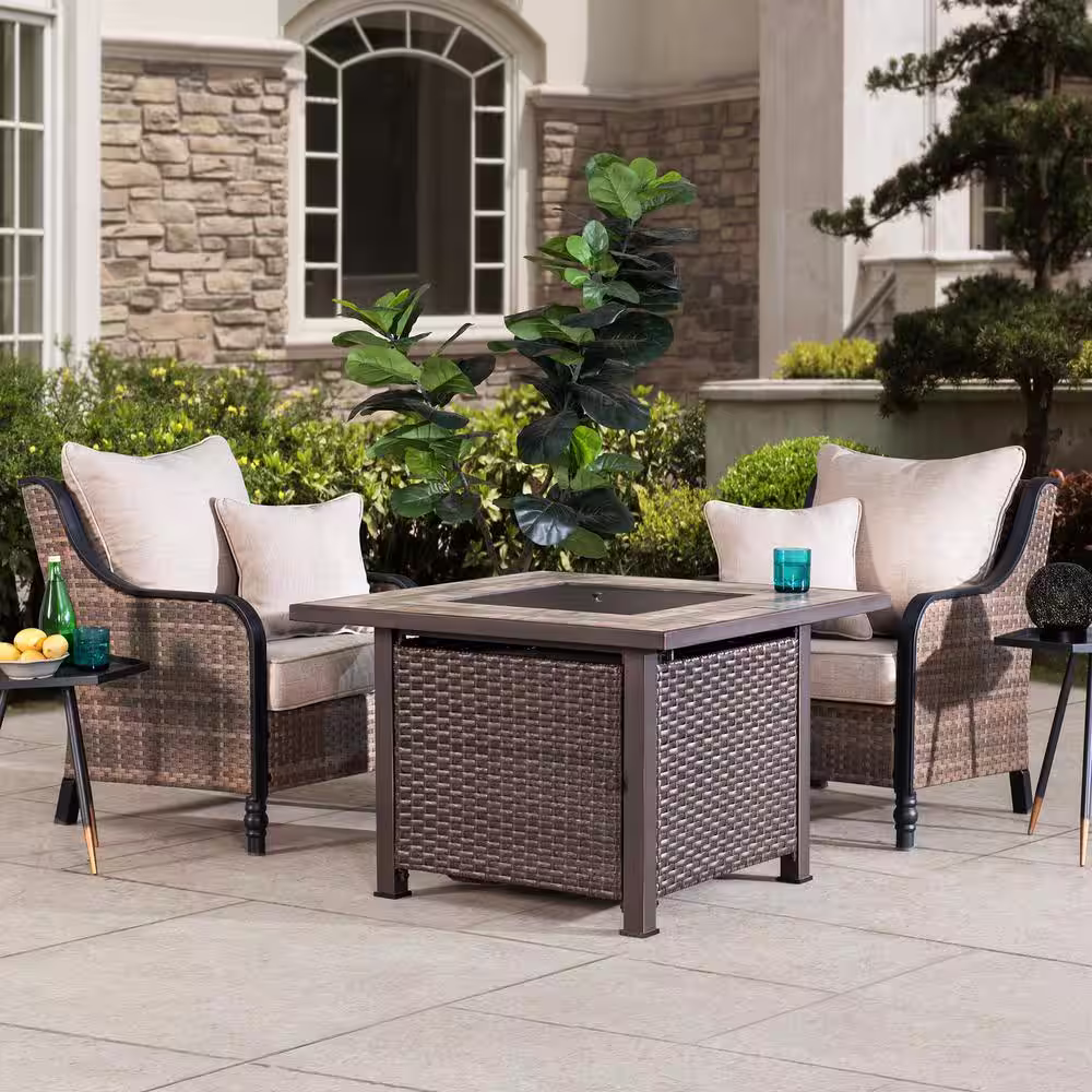 Sunjoy Pollack Square Ceramic Tile Top with Wicker Propane Powered Fire Pit Table