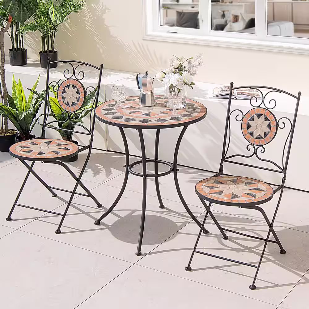 Costway 3-Pieces Ceramic Metal Patio Bistro Set Outdoor Patio Conversation Furniture Folding Dining Garden