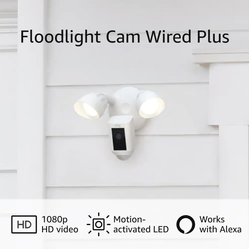 Ring Floodlight Cam Wired Plus - Smart Security Video Camera with 2 LED Lights, 2-Way Talk, Color Night Vision, White