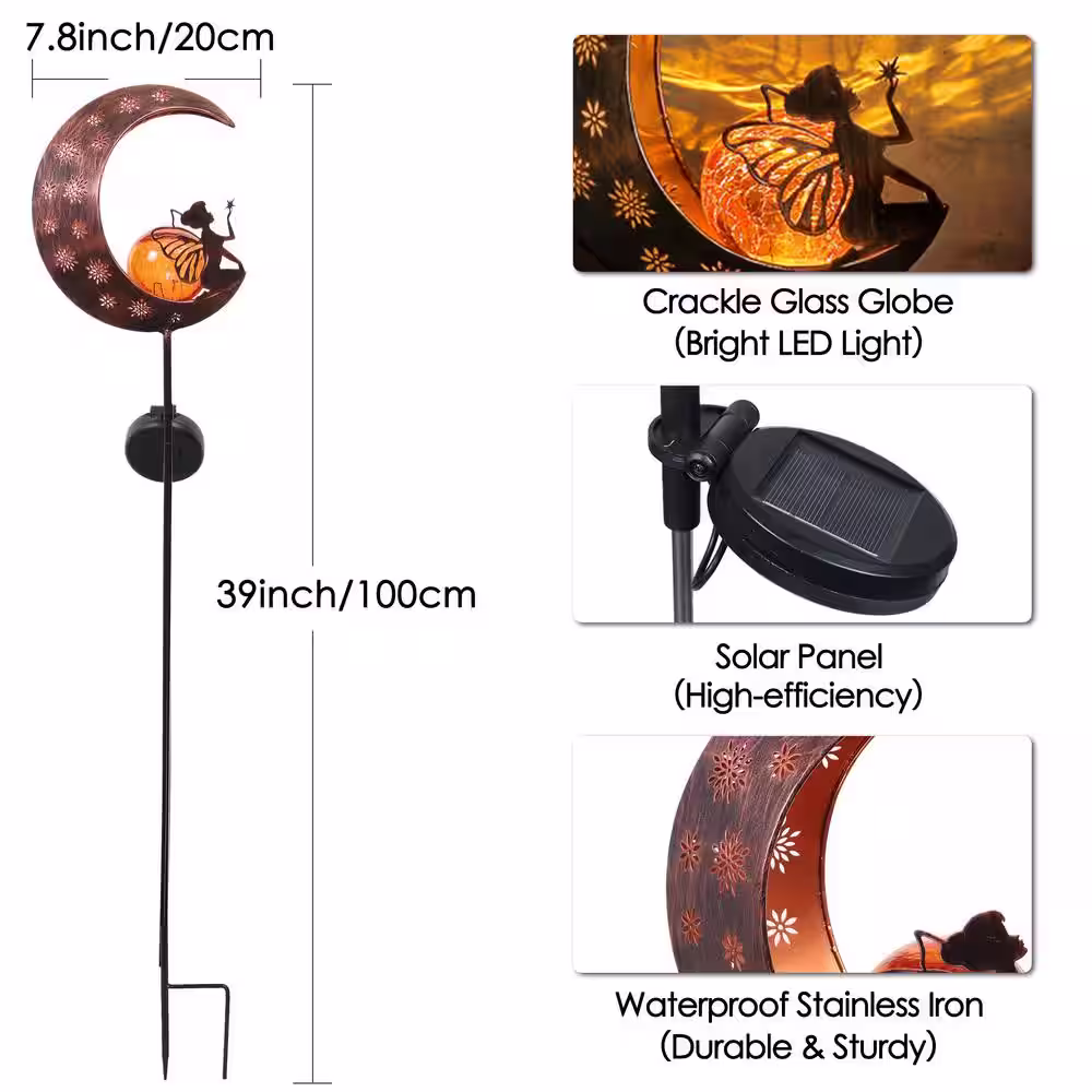 None 39 in. Yard Art Decorations Moon for Outside Lawn Ornaments Fairy Solar Garden Stake Lights Crackle Glass Globe