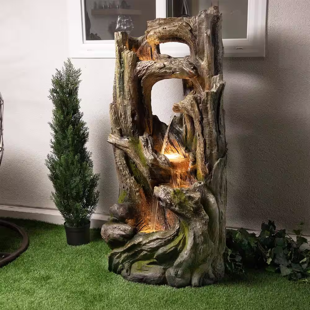 Alpine Corporation 59 in. Tall Indoor/Outdoor 5-Tier Waterfall Tree Stump Fountain with LED Lights