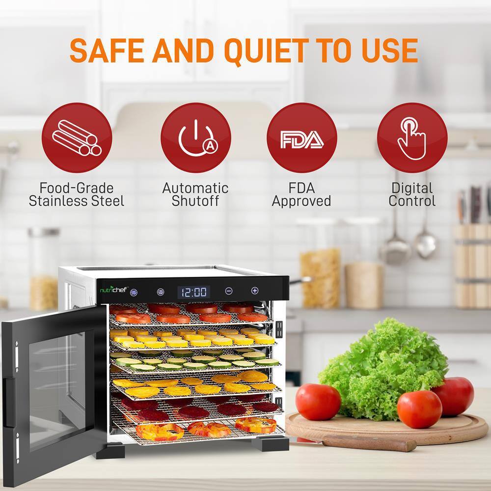 NutriChef Premium Food Dehydrator Machine - 6 Stainless Steel Trays with Digital Timer and Temperature Control, 600 Watts