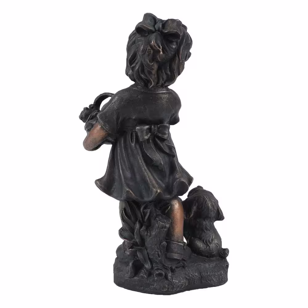 LuxenHome Bronze MgO Girl Holding Basket of Kittens with Puppy Garden Statue