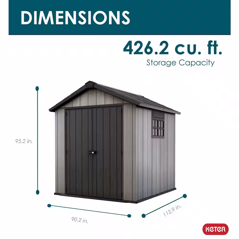 Keter Oakland 7.5 ft. W x 9 ft. D Large Durable Resin Plastic Storage Shed with Double Doors and Floor, Grey (70.7 sq. ft.)