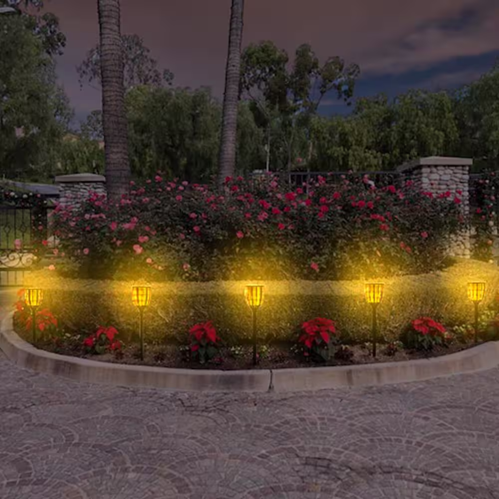 TECHKO Solar Tiki Torch Path Lights Black Solar Flame Effect Integrated LED Weather Resistant IP65 (2-pack)