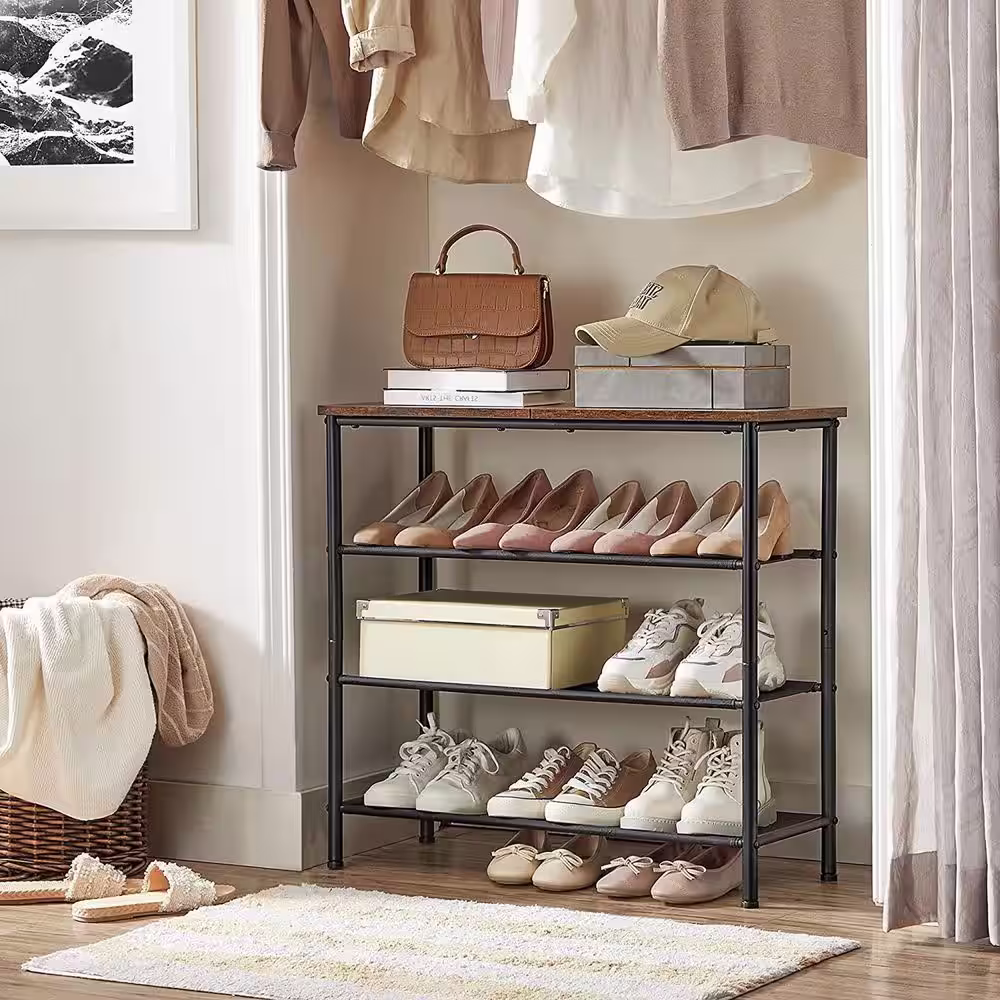 None 28 in. H 12-Pair 4-Tier Black Metal Shoe Rack