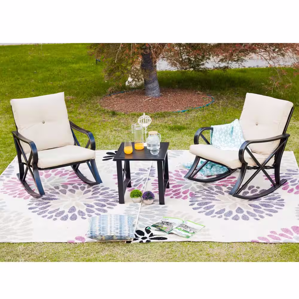 Patio Festival 3-Piece Metal Patio Rocker Conversation Set with Beige Cushions