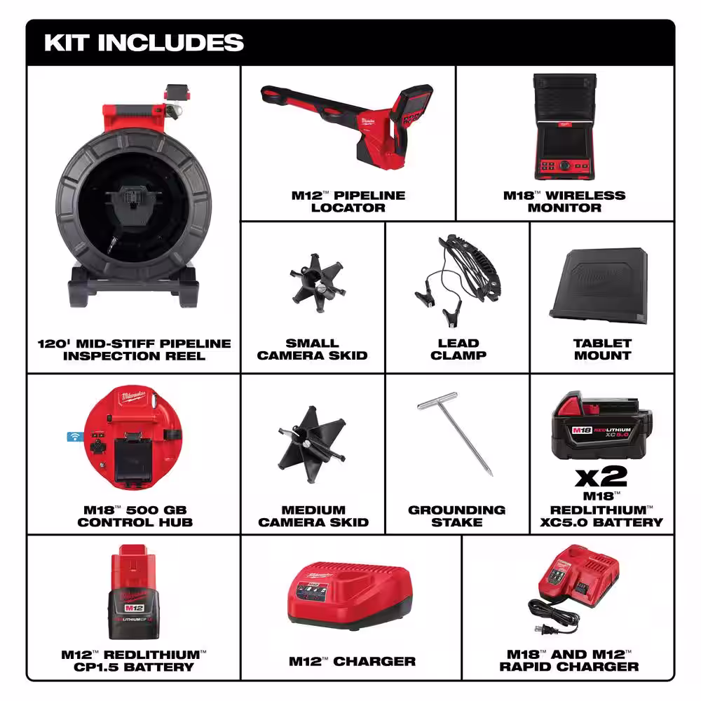 Milwaukee M18 18-Volt Lithium-Ion Cordless 120 ft. Inspection System Image Reel Kit, M18 Monitor and M12 Locator Kit (3-Tool)