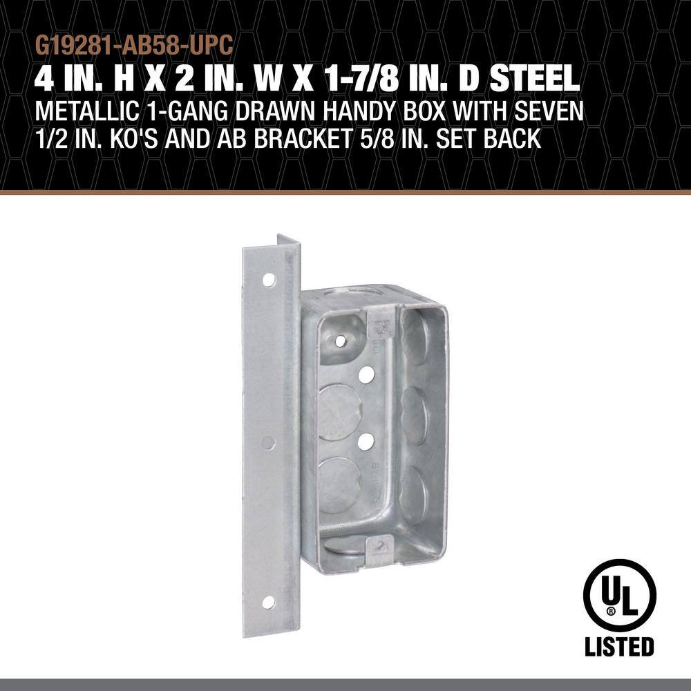 Southwire 4 in. H x 2 in. W x 1-7/8 in. D Steel Metallic 1-Gang Drawn Handy Box with Eight 1/2 in. KO's and AB Bracket 5/8 in