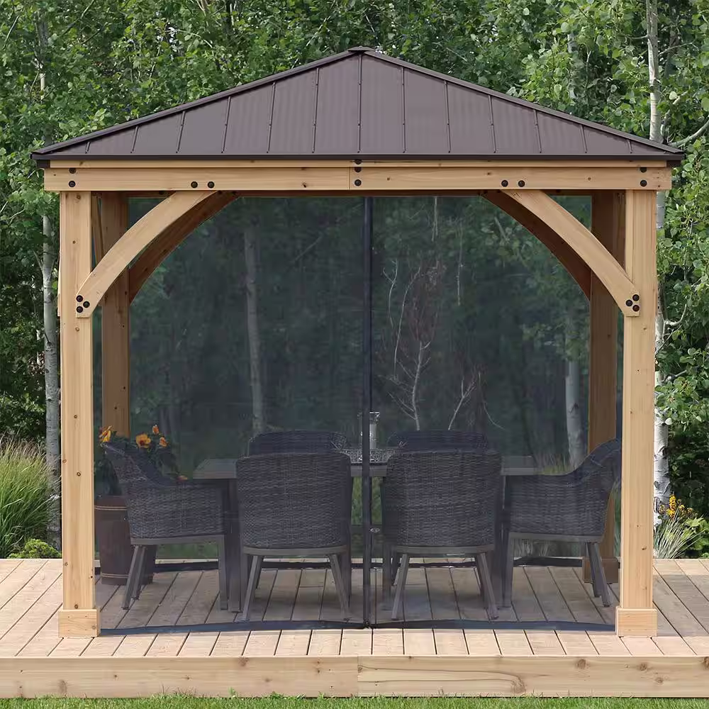 Yardistry Meridian 10 ft. x 10 ft. Premium Cedar  Shade Gazebo with Coffee Brown Aluminum Roof and UV resistant Phifer Mesh Kit