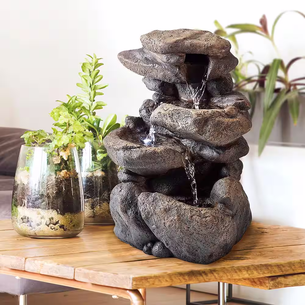 Alpine Corporation 11 in. Tall Indoor 3-Tier Tabletop Stone Water Fountain with LED Lights