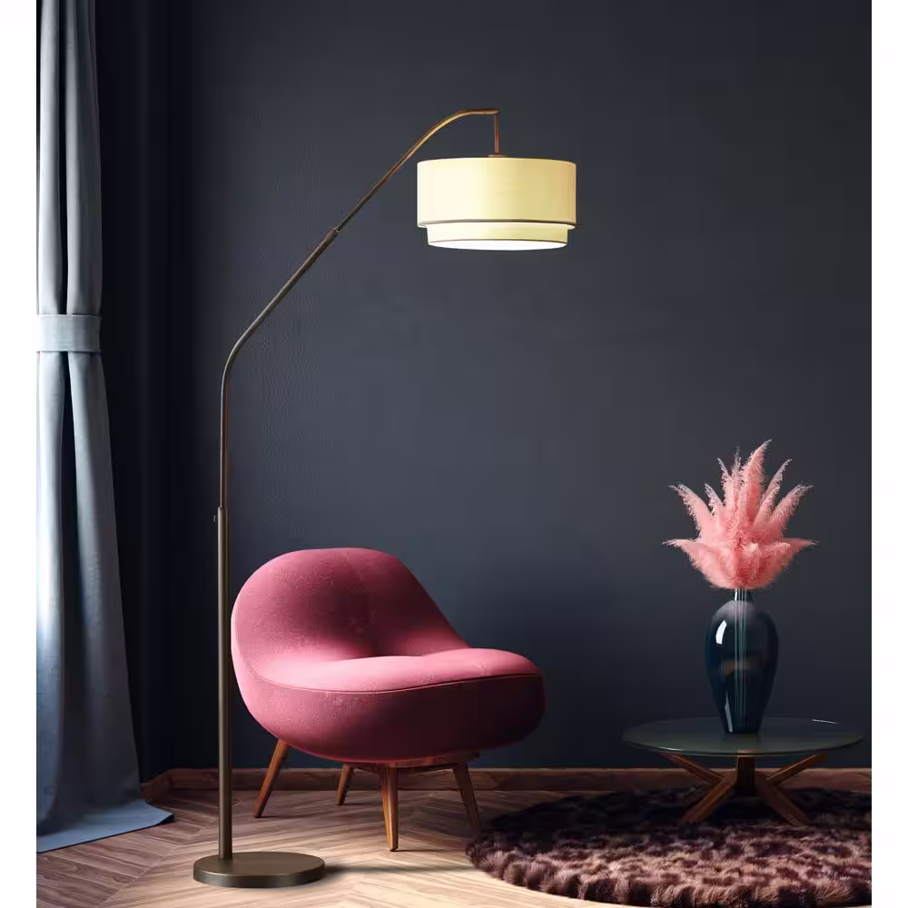 ARTIVA Ariana Il Extendable 72 in. to 80 in. LED Oil Rubbed Bronze Arched Floor Lamp With Double Shade