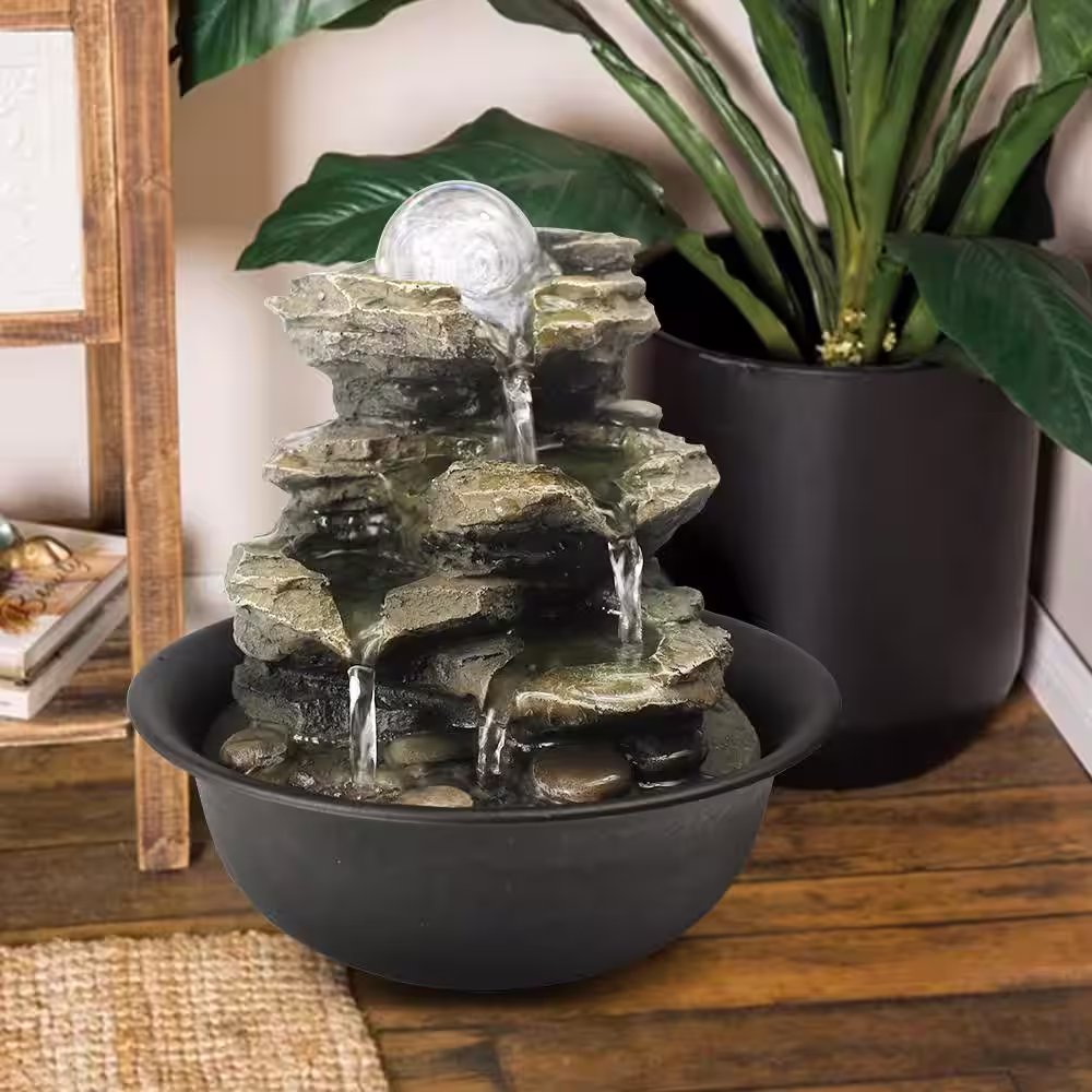 Watnature 8.3 in. Resin Cascading Tabletop Fountain with Spinning Orb and LED Lights, 4-Tier Meditation Indoor Fountain Home Decor