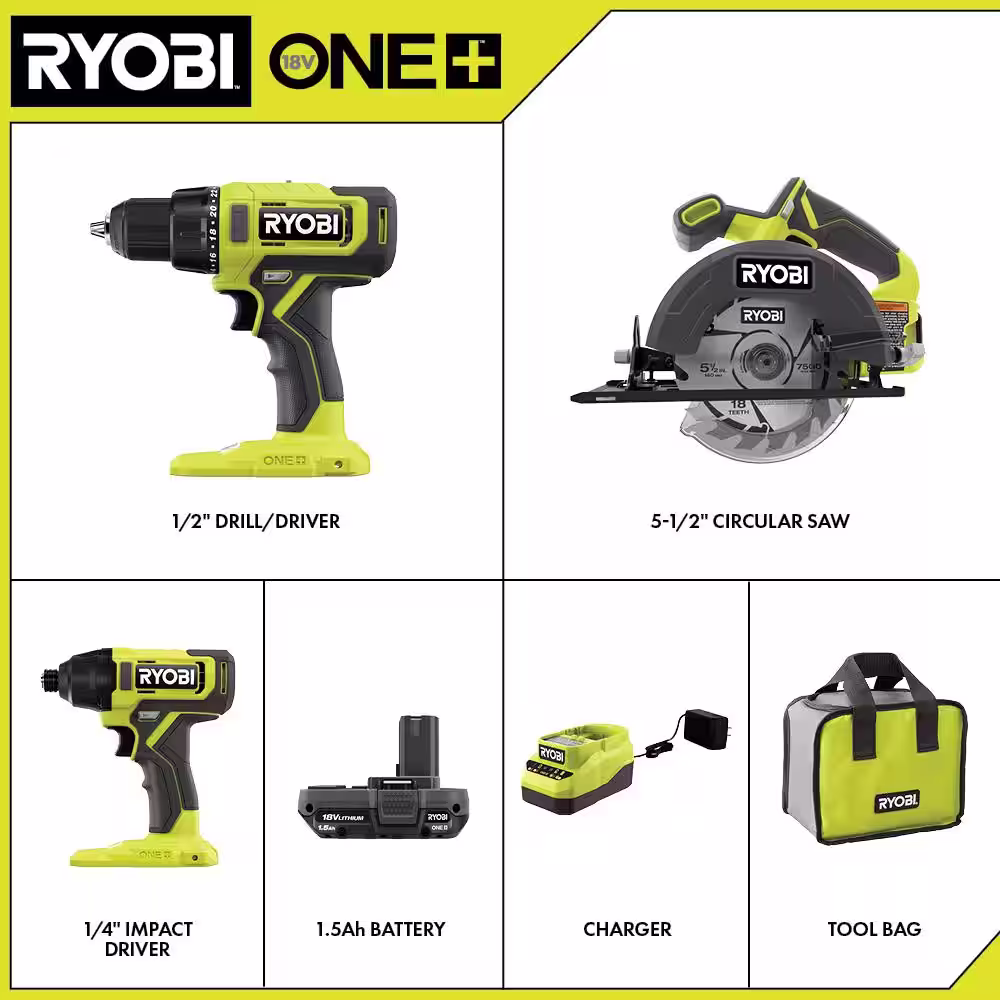 RYOBI ONE+ 18V Cordless 2-Tool Combo Kit w/ Drill/Driver, Circular Saw, (2) 1.5 Ah Batteries, Charger, & FREE Impact Driver