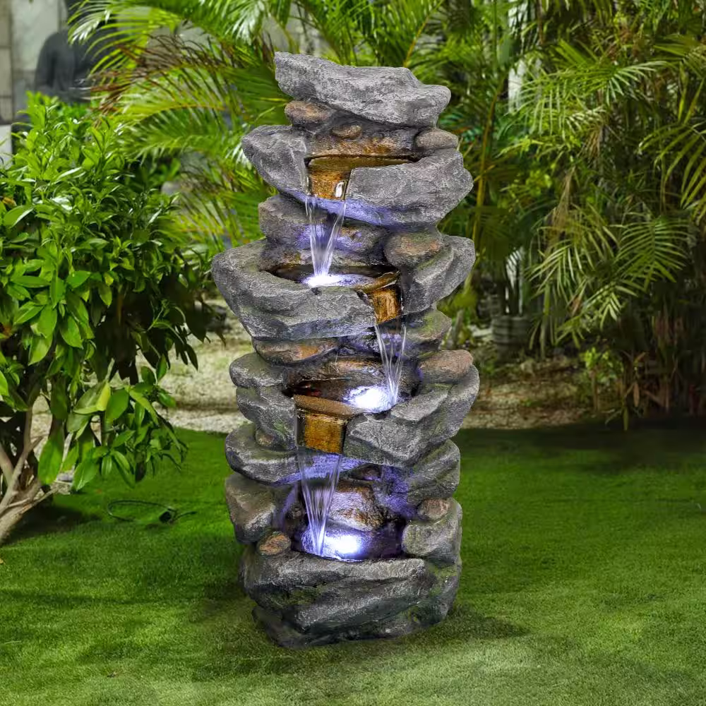 Watnature 40 in. Outdoor Fountain, Soothing Tranquility Stacked Simulated Rock Water Fountain with LED Lights for Garden Yard Deck