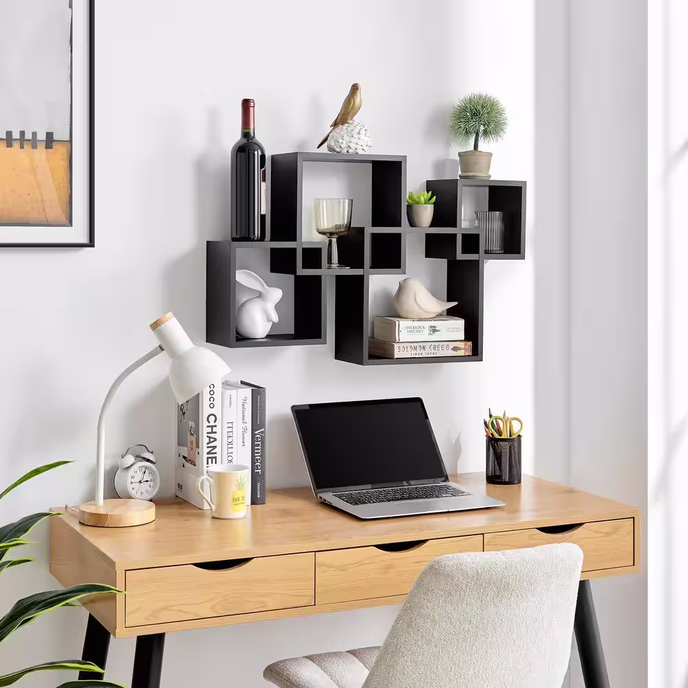 DANYA B Blocchetto 28.34 in. x 5.75 in. x 18 in. Intersecting Cubes Decorative Cubby Wall Shelf - Horizontal or Vertical - Black