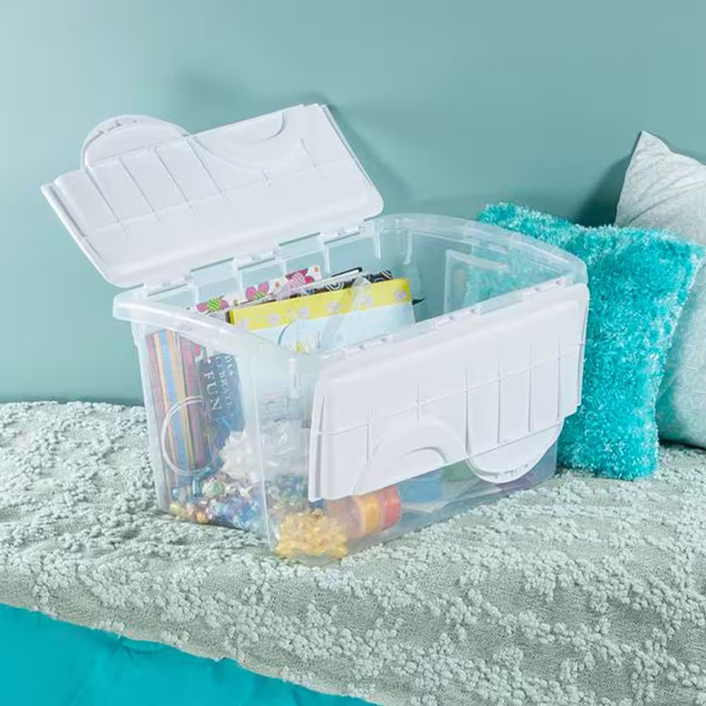 Sterilite 48-Quart Plastic Storage Bin with Hinged Lid & Handles, Clear (6 Pack)