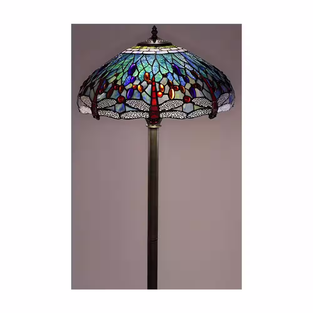 Warehouse of Tiffany 62 in. Brass Dragonfly Stained Glass Floor Lamp with Pull Chain Switch