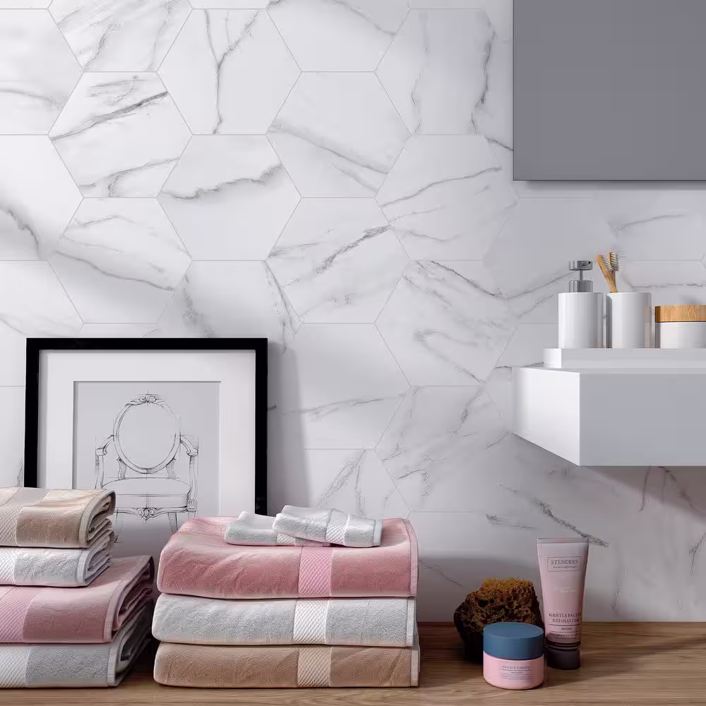 MOLOVO Elegance White Hexagon 7.7 in. x 8.9 in. Matte Porcelain Marble look Floor and Wall Tile (9.05 sq. ft./Case)