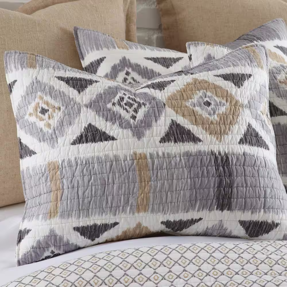 None Santa Fe Grey, Taupe, White Geometric Quilted Cotton Standard Sham