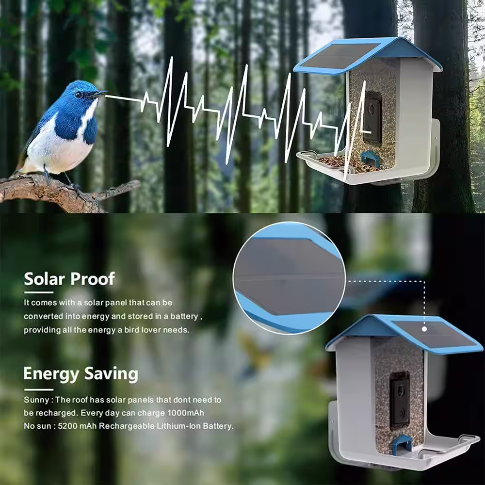 None Smart Bird Feeder with Solar Roof, 1080P HD Camera, AI Identify Bird Species, Wi-Fi Connection (Include 16G SD Card)