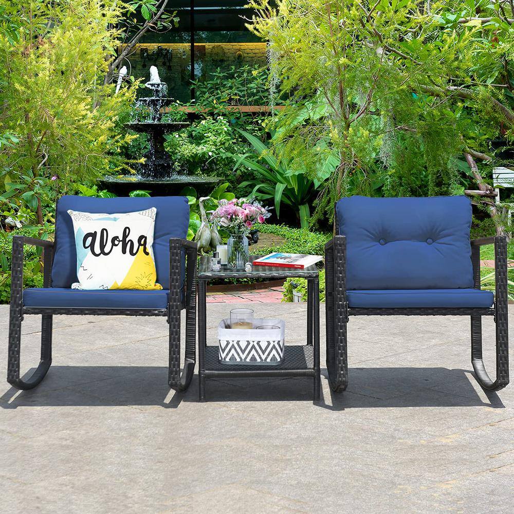 Alpulon Black 3-Piece Wicker Outdoor Bistro Set with Navy Cushions