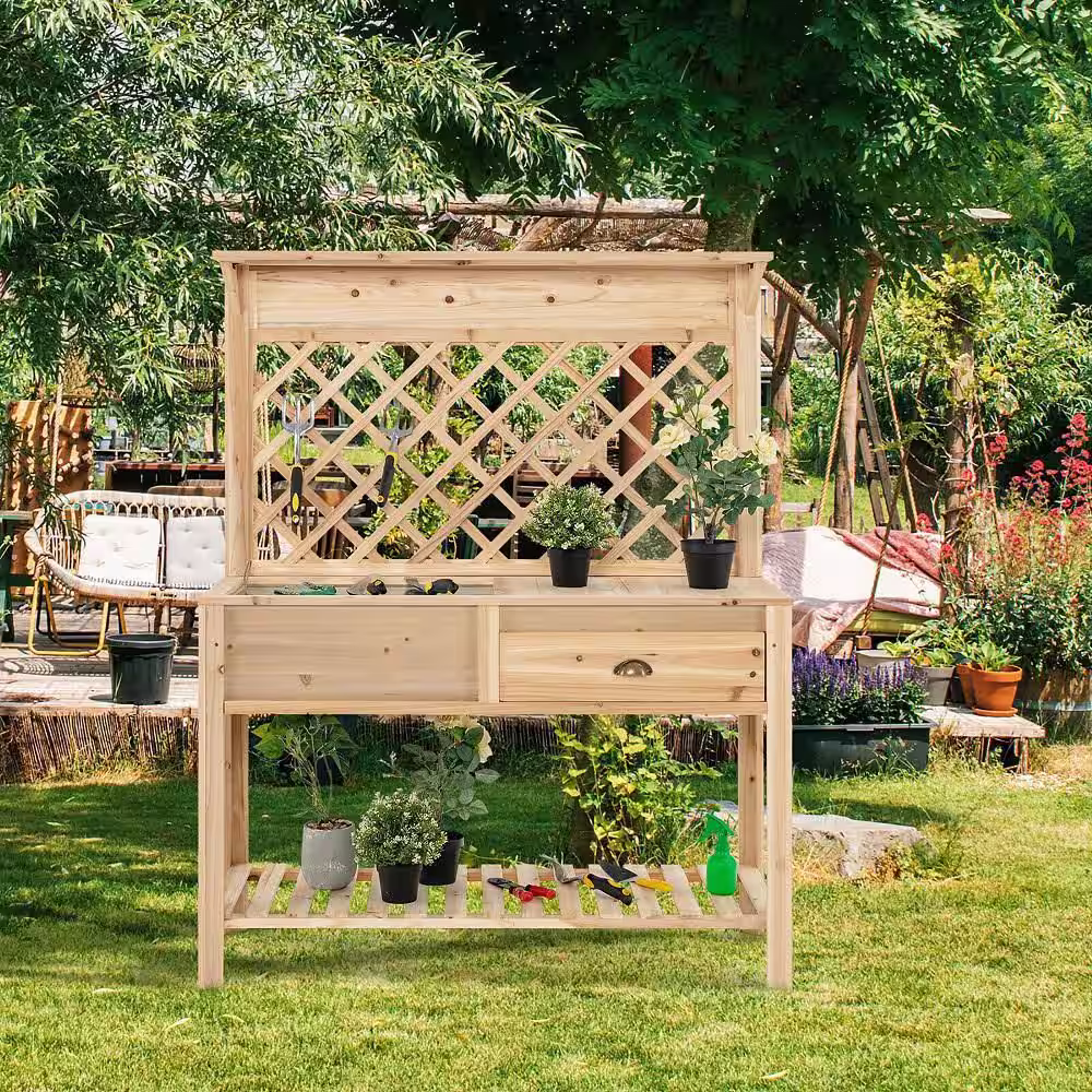 Gymax Wood Raised Garden Bed with Trellis Elevated Planter Box with Storage Shelf and Drawer