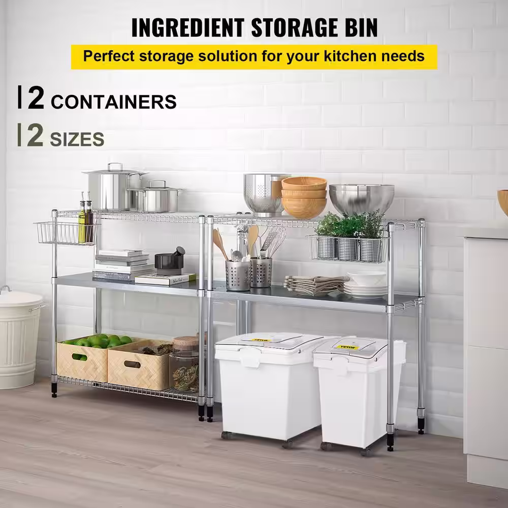 VEVOR Ingredient Bin 10.5+6.6 gal. Rice Storage Container with Wheels Double Flour Bins with Flip Lid Scoops, Pack-2