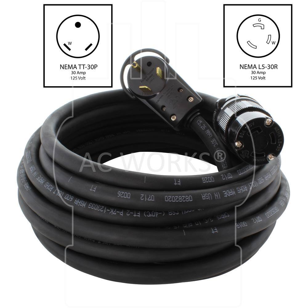 AC WORKS 50 ft. 10/3 30 Amp 125-Volt 3-Prong NEMA TT-30P to NEMA L5-30R Rubber Extension Cord with Handle