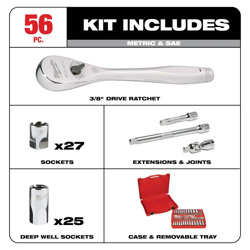 Milwaukee 3/8 in. Drive SAE/Metric Ratchet and Socket Mechanics Tool Set (56 piece) & Screwdriver Set (6 piece)