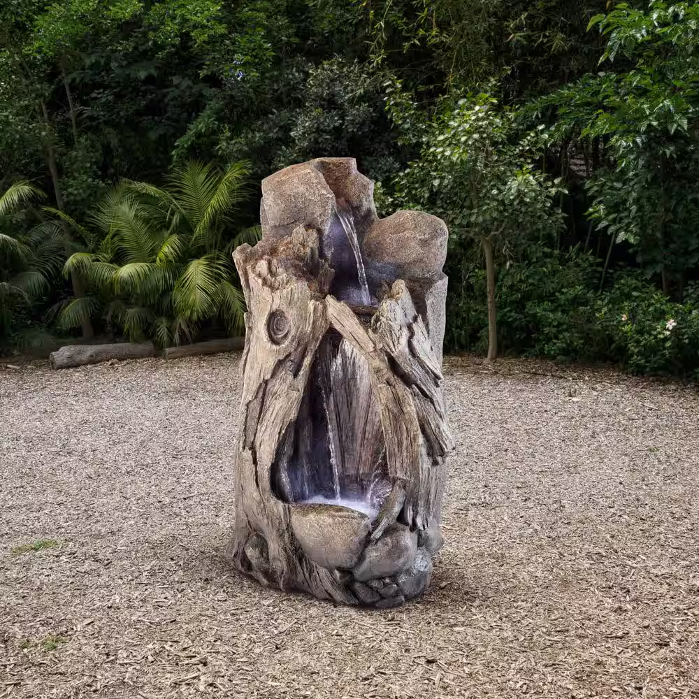 Alpine Corporation 52 in. Tall Outdoor Rainforest Waterfall Tree Trunk Fountain with LED Lights