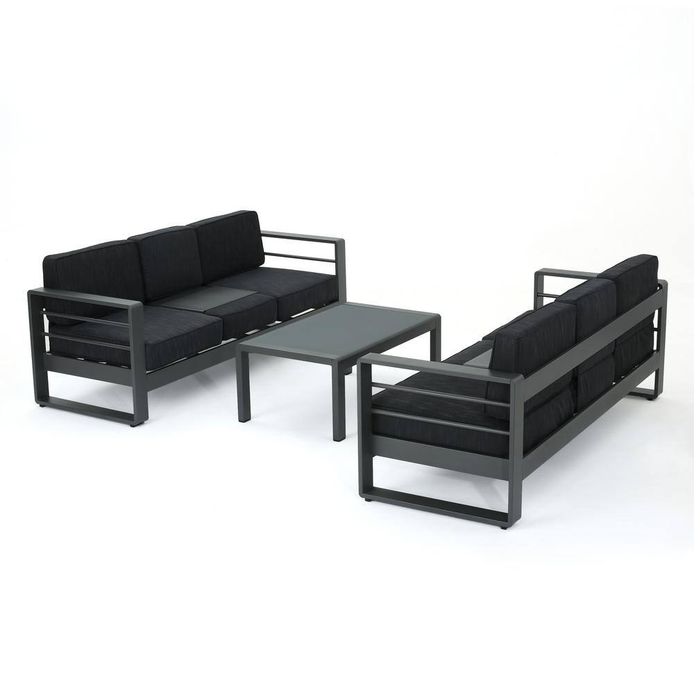 Noble House Cape Coral Grey 3-Piece Aluminum Patio Conversation Set with Dark Grey Cushions