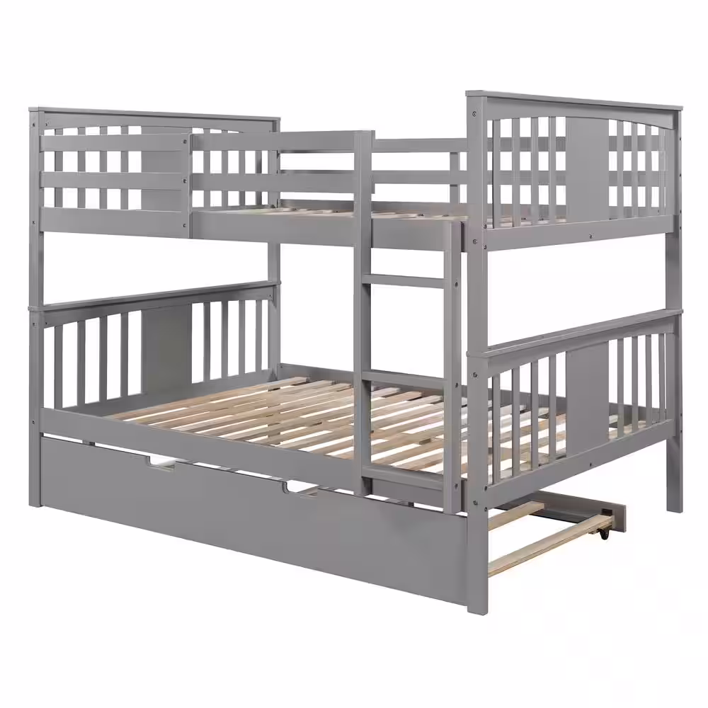 Qualler Gray Full Over Full Bunk Bed with Twin Size Trundle and Ladder