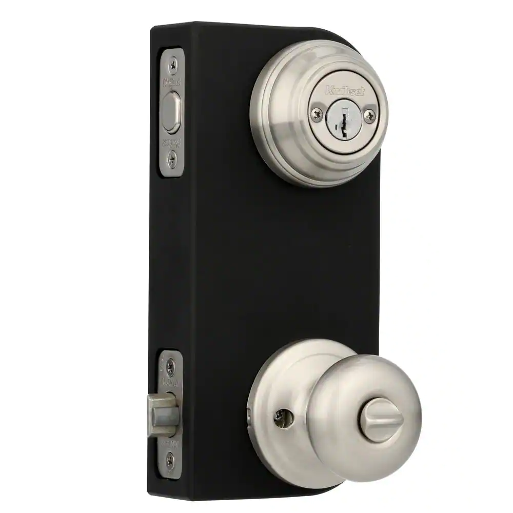 Kwikset Juno Satin Nickel Exterior Entry Door Knob and Double Cylinder Deadbolt Combo Pack Featuring SmartKey Security