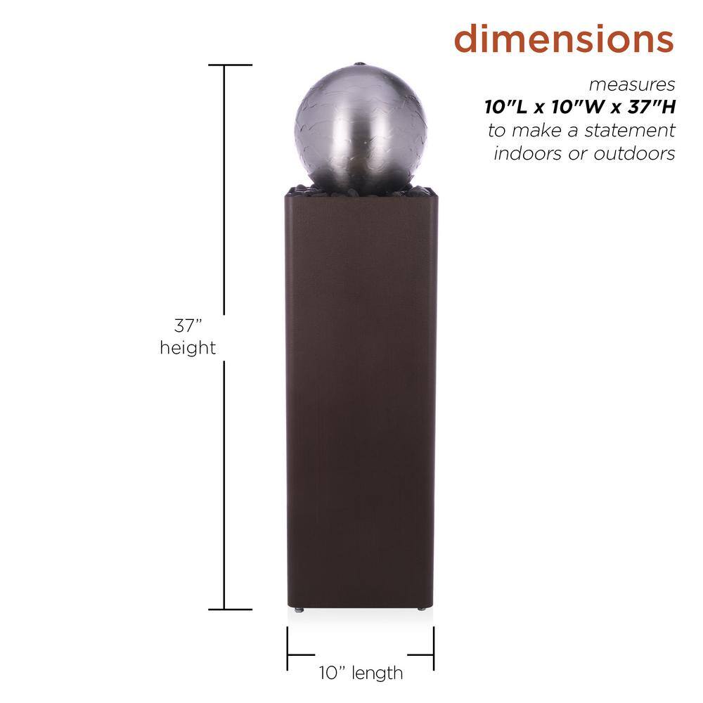 Alpine Corporation 37 in. H Indoor/Outdoor Metal Orb Fountain with River Rock Stones, Brown/Silver