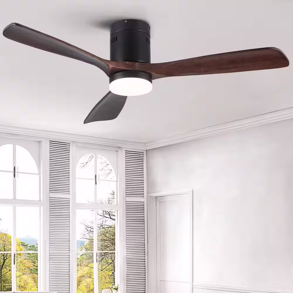 None 52 in. Indoor Low Profile Wood Ceiling Fan with LED Light and DC Motor in Dark Brown Finish and Remote Control