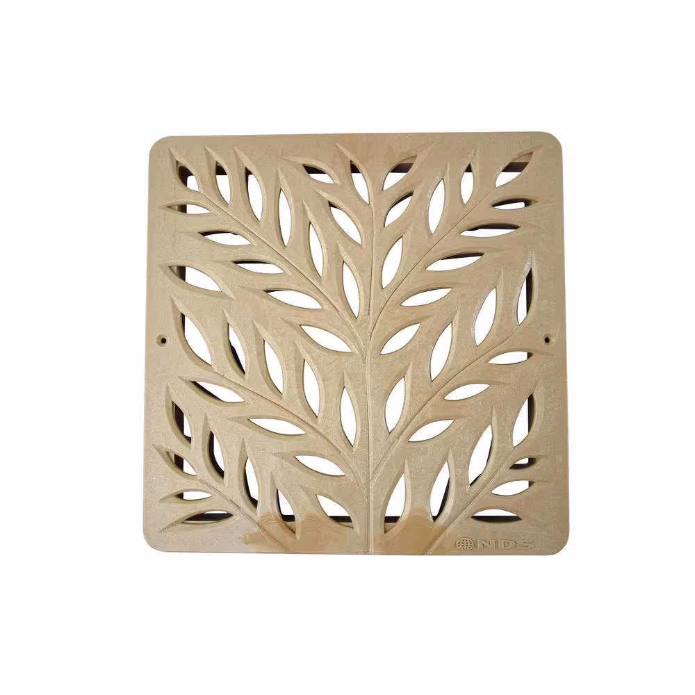 NDS 12 in. Square Catch Basin Drain Grate, Decorative Botanical Design, Sand Plastic