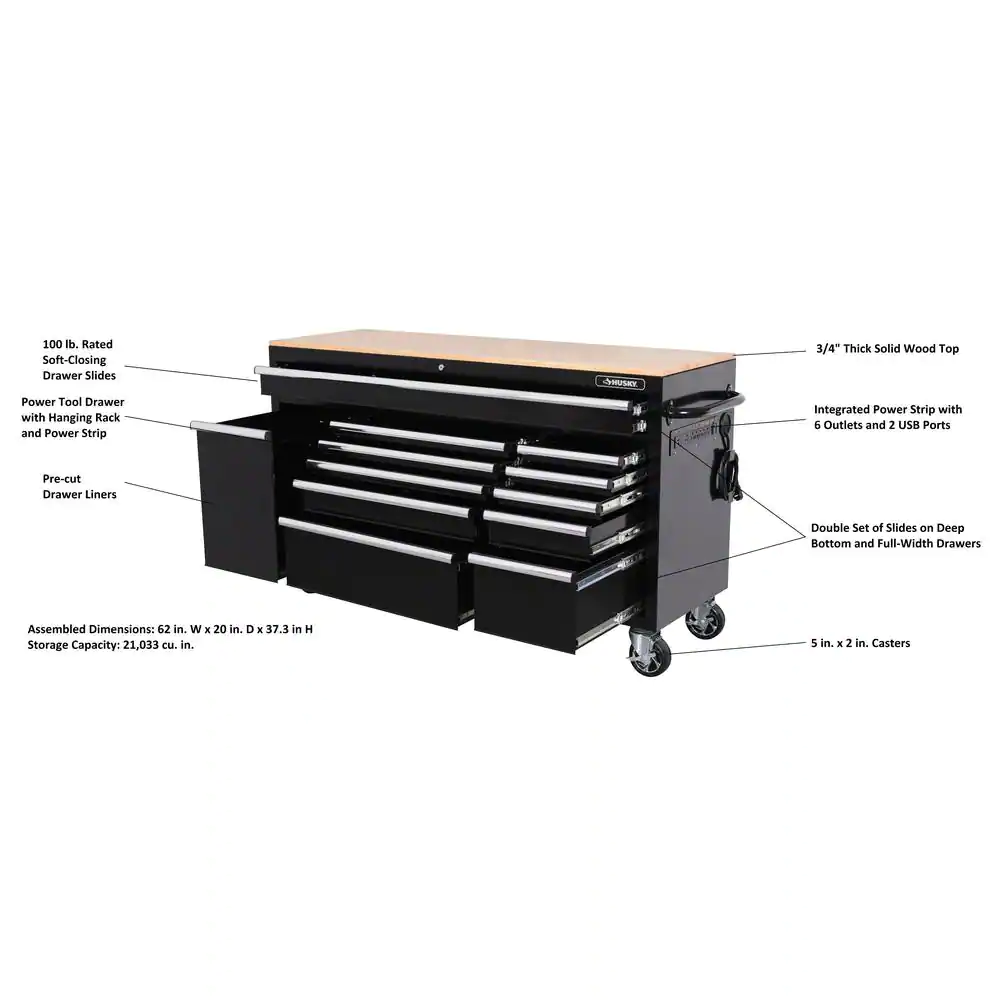 Husky 62 in. W x 20 in. D 12-Drawer Gloss Black Mobile Workbench Cabinet with Solid Wood Top and Power Drawer