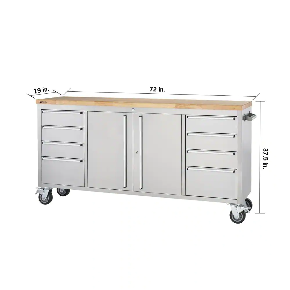 Trinity 6 ft. 8-Drawer Stainless-Steel Corner Rolling Mobile Workbench with Storage
