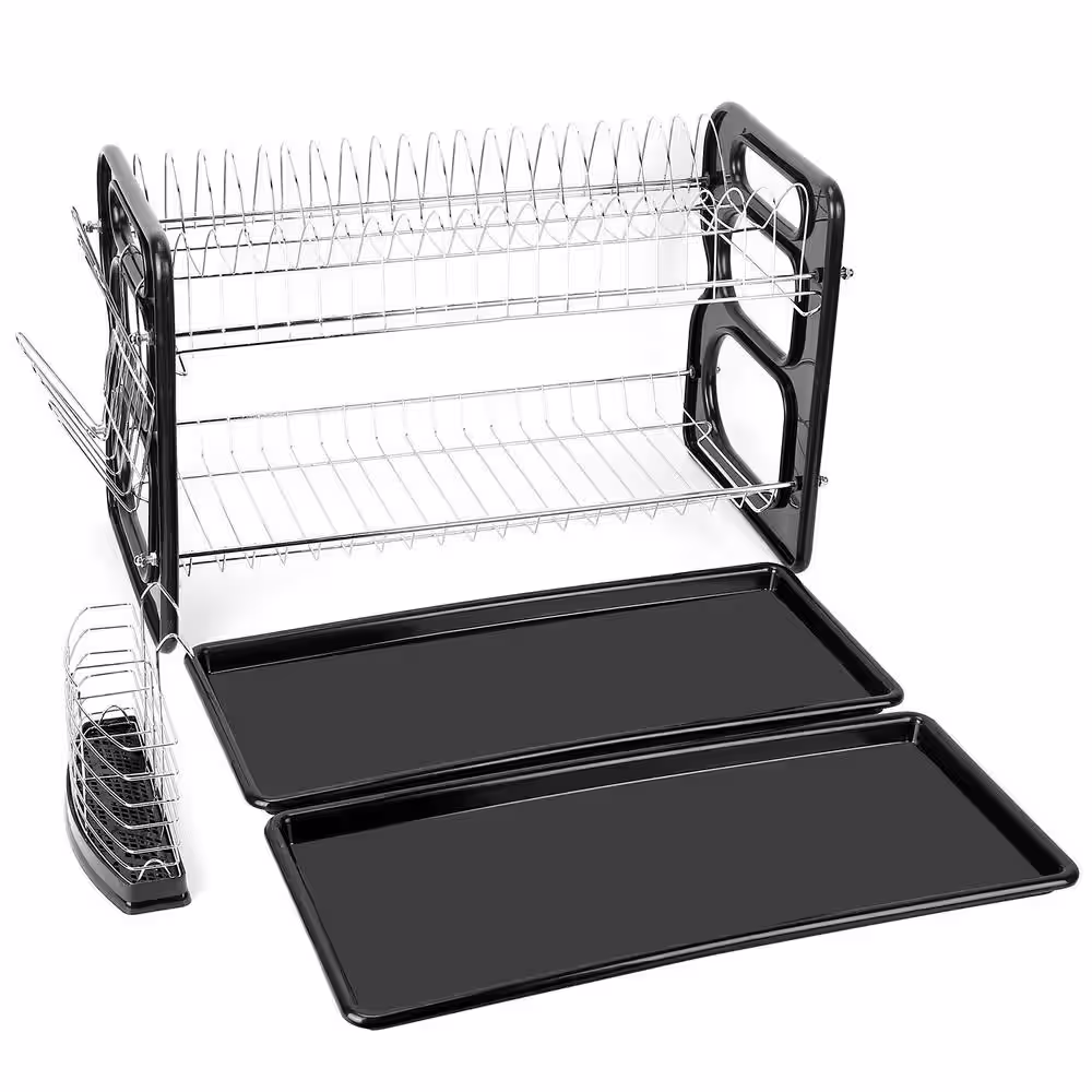 None 2 Tier Black Countertop Dish Rack, Anti-Rust Dish Drying Drainer Shelf with Tableware Holder Cup Holder, Drainboard Set